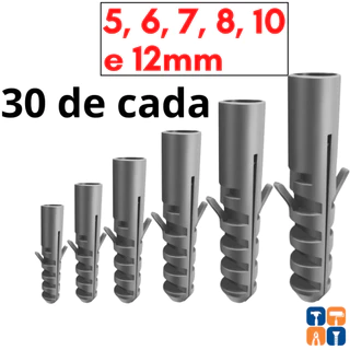 Kit Bucha 5 - 6 - 7 - 8 - 10 - 12 para Parede com 180 Peças Kit Buchas 5mm 6mm 7mm 8mm 10mm 12mm de Fixação em parede Kit Completo comum para Concreto