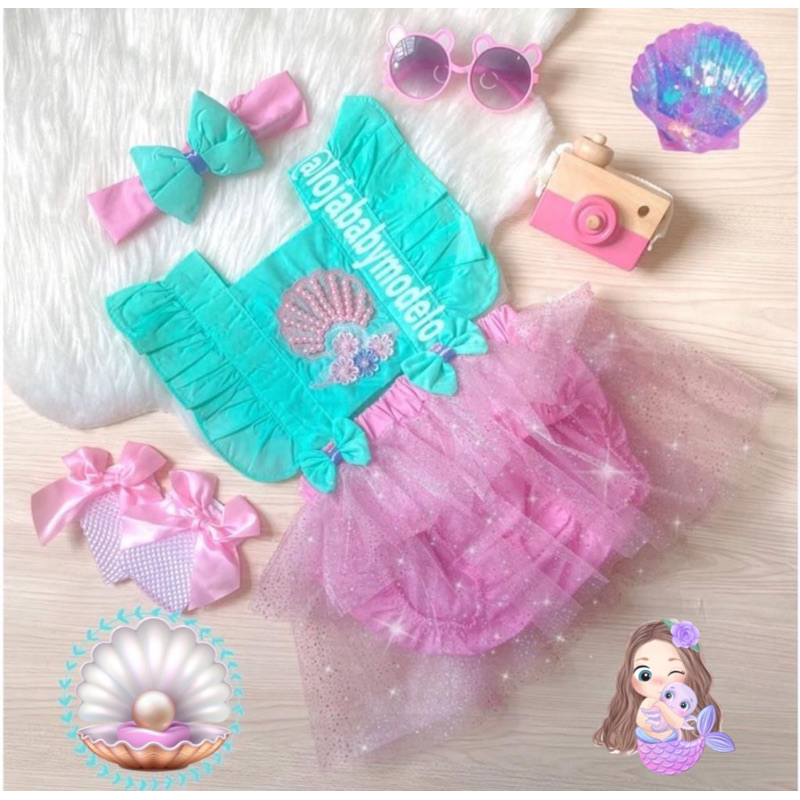 Romper body ariel pequena sereia fundo do mar pérola baby salopete fantasia  vestido infantil bebê festa - Escorrega o Preço