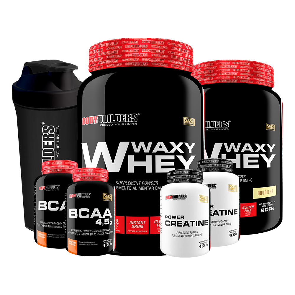 Kit 2x TOP Whey Protein + 2x Bcaa 4,5 em Pó + 2x Creatina 100g + Coqueteleira – Bodybuilders