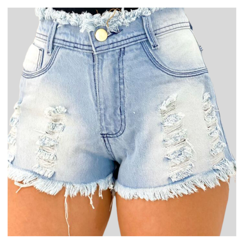 Short Jeans Feminino Cintura Alta Rasgado Desfiado Na Cintura E Barra Modela Corpo Perfeitamente