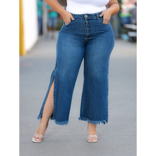 Calça Jeans Feminina Wide Leg Destroyed Rasgado Plus Size