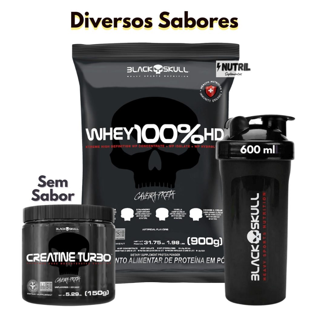 Kit Black Skull Whey Protein 100% HD Pure Concentrado Isolado Hidrolisado + Creatina Turbo Monohidratada 150g + Coqueteleira