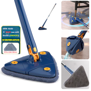 Esfregão Mop Triangular 360 COM 2 REFIL Rodo Twist Xmop Giratório Lava e Seca com Extrusão Microfibra Multiuso para Limpeza em todos os tipos de pisos nas cozinhas salas quartos areás e calçadas com cerâmica