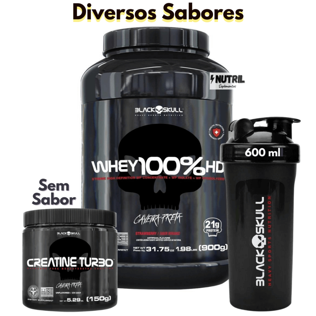 Kit Black Skull Whey Protein 100% Pote HD Pure Concentrado Isolado Hidrolisado + Creatina Turbo Monohidratada 150g + Coqueteleira