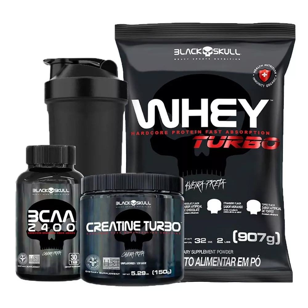 Kit Whey Protein Turbo 907g + Bcaa + Creatina - Black Skull