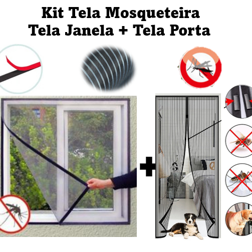 KIt Tela Mosqueteira Para Janelas + Porta com Imã Anti Mosquitos baratas Tela Magnética Porta Fita proteção tela porta tela janela Proteção Dengue sujeira sítio casa