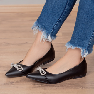 Sapatilha Feminina Laço Com Strass Bico Fino Luxo Elegante