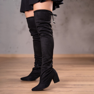 Bota Feminina Domidona Over The Knee Stretch Luxo Bico Fino Salto Grosso Confortável