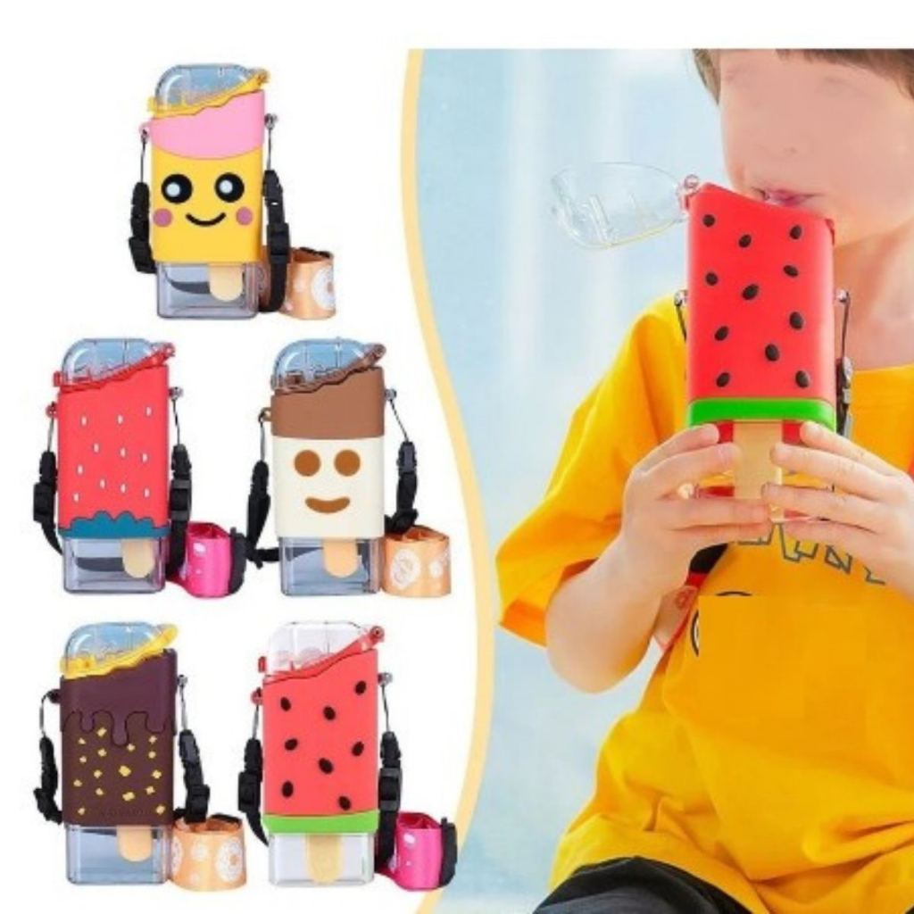 Garrafa De Água Portátil Formato Sorvete Picolé Squeeze 300ml Com Tampa + Alça