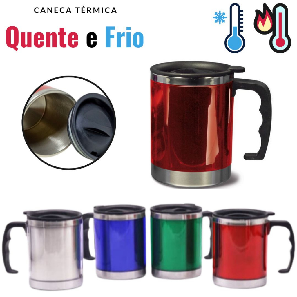 Caneca Térmica Inox 450ml com Alça e Tampa para Bebida Fria ou Quente