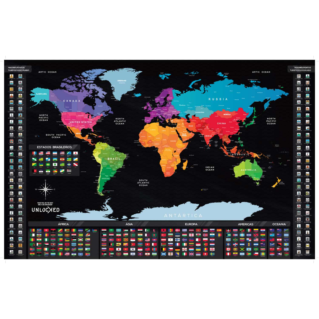 Mapa Mundi de Raspar | Unlocked | Sem moldura | 94x60 CM | Mapa de Viagens | Raspadinha | Scratch Map