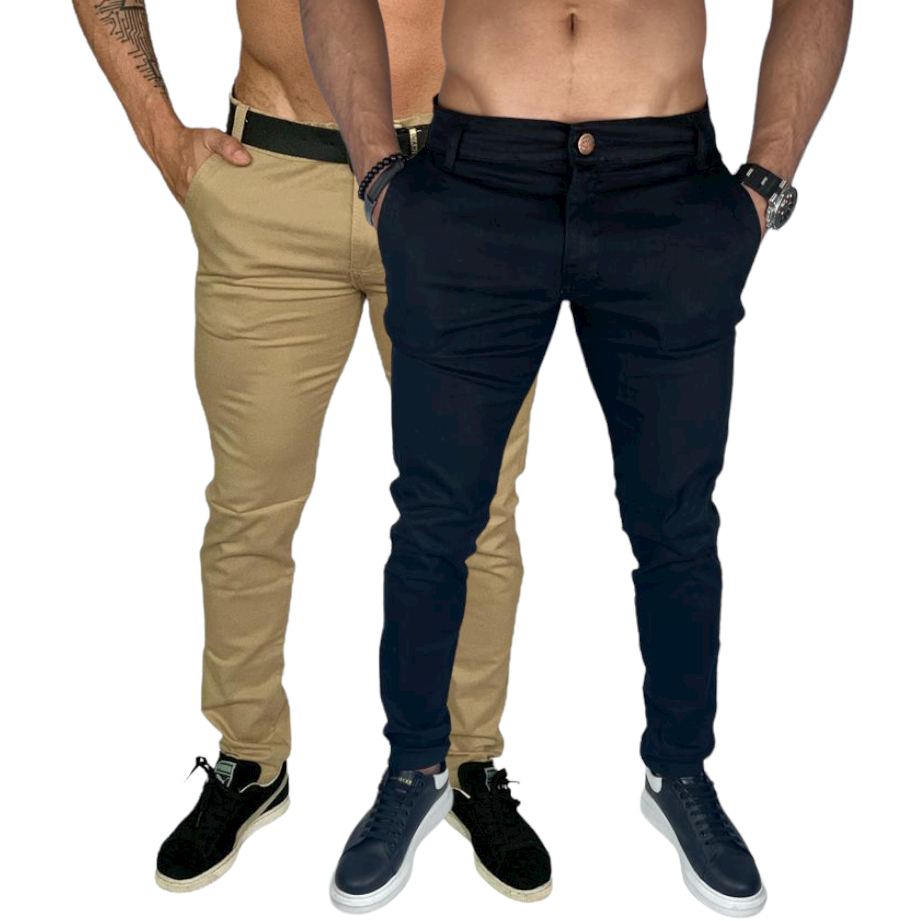 Kit com 2 Calça Sarja Masculina Chino Brim Esporte fino e Social Peça versátil com desconto e melhor preço com qualidade a prona entrega com garantia