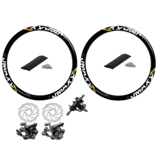Par 2 Aro Vzan Vmaxx Preto Aro 26 Parede Dupla Reforçado Dh Paredão Para Freio A Disco + Raios Finos Pretos + Cubos Aço 36F Esferado Com Eixo Porca Par Roda + Freio a Disco MTB com pinças e disco dianteiro e traseiro Com Pastilhas