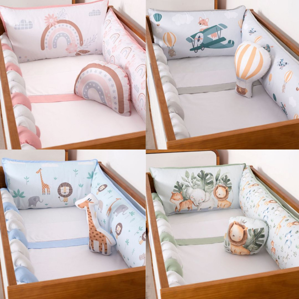 Kit Berço americano 7 Peças Protetor Enxoval Completo Varias Estampas Menino e Menina Tecido Algodão