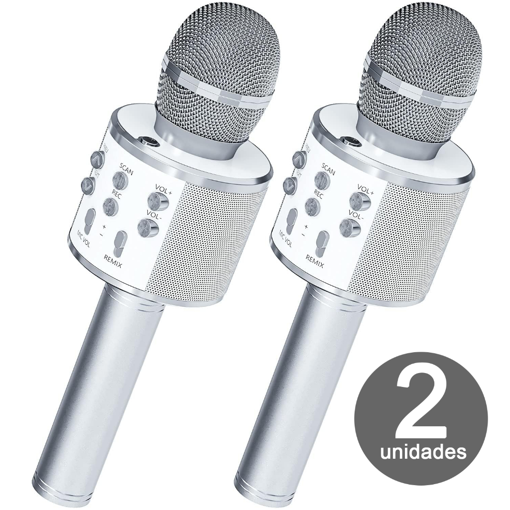 Kit 2 Microfone Sem Fio Youtuber Bluetooth Karaoke Muda Voz Reporter