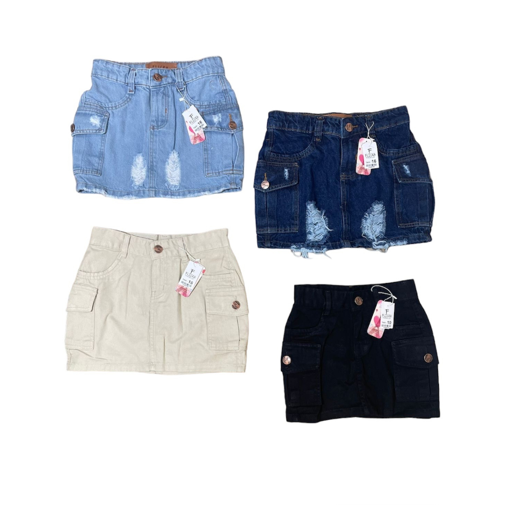 Saia Jeans Cargo Feminina Infantil Juvenil Desfiado Mini Alta Tendência Com Bolsos Laterais - Jeans Claro, Jeans Escuro, Bege e Preto - 10 ao 16