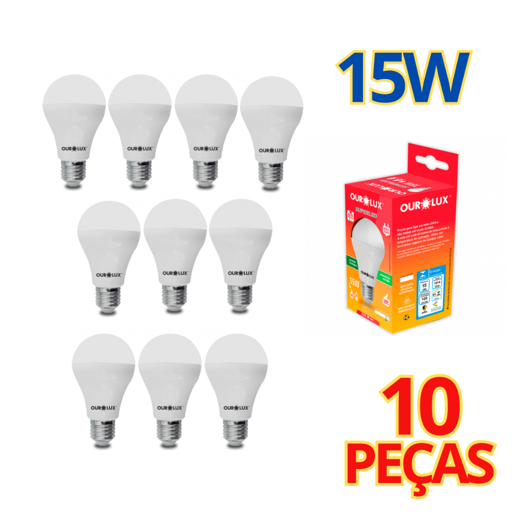 Kit 10 Lâmpadas Led Econômica 15w 6500k Branco Frio E-27 Bivolt Pack ...
