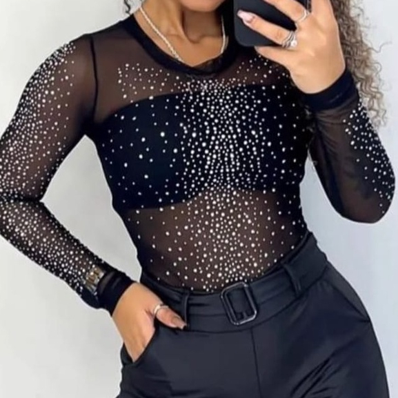 Body Feminino Em Tule Transparente Com Aplicaçoes em Pedrarias Strass ...