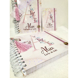 CADERNETA DE VACINA + PORTA DOCUMENTOS + LIVRO DO BEBE - BORBOLETAS - MENINA - PERSONALIZADA