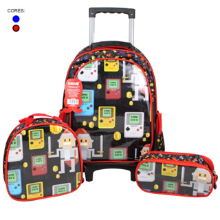 Kit de mochila infantil masculino com rodinhas acompanha lanheura e estojo material de Oxford mais PU