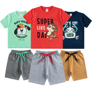 Combo 6 peças de roupas para Menino infantil Verão Malha 30.1 Bermuda Moletinho