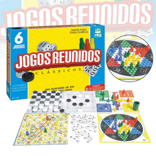 Jogo de Tabuleiro Reunidos 6 em 1 - Jogos Reunido Dama, trilha, ludo, xadrez chines, palavras cruzadas, escadas e serpentes - ENVIO IMEDIATO - Nig Brinquedos