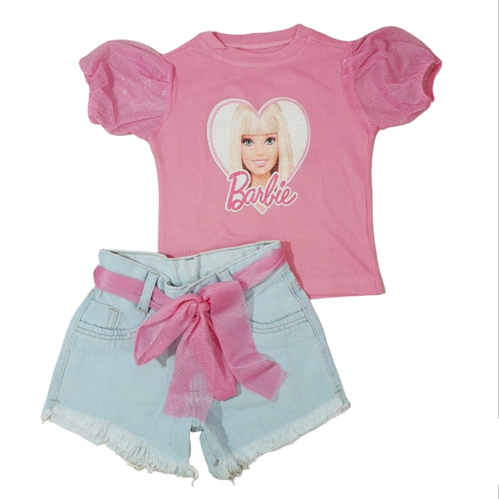 Conjunto Infantil Barbie Short Blusa Brilhante Envio Rápido