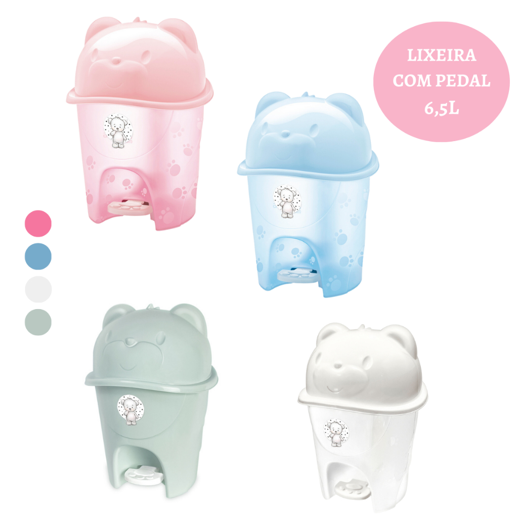 LIXEIRA URSO ADOLETA PLASTIBABY COM PEDAL 6,5 L PARA QUARTO BEBÊ FOFURA ROSA AZUL BRANCO TRANSLÚCIDA