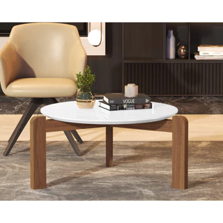 Mesa de Centro Redonda Moderna Tampo Brilhante com Pés de Madeira Design Contemporâneo Sala de Estar em Oferta na Shopee