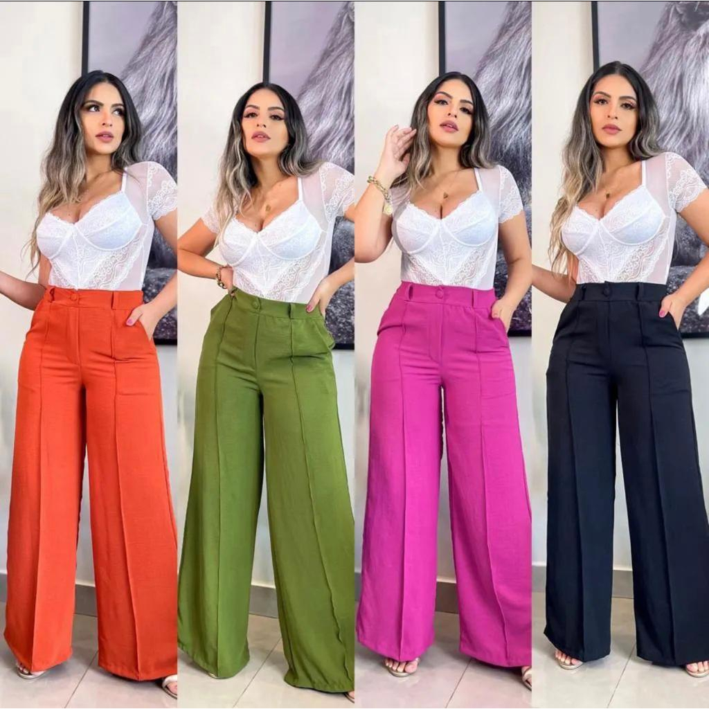 Calça Duna Pantalona De Botão com Zíper elástico atrás - Várias Cores