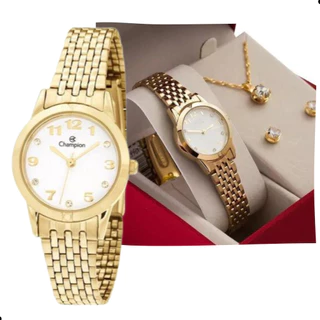 Kit Relógio Feminino Champion Original Dourado CH24866W