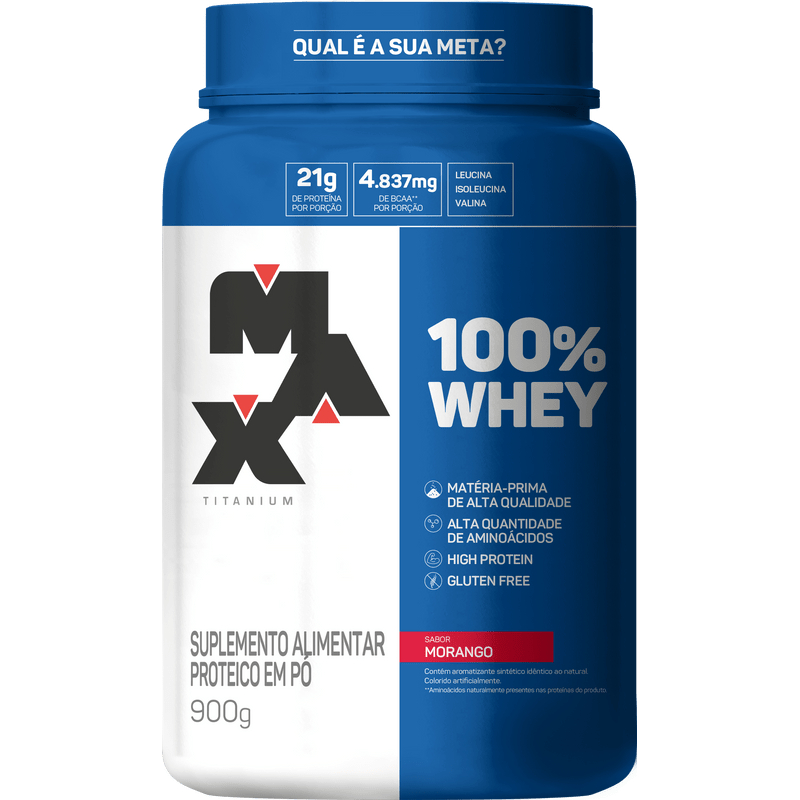 100% Whey Pote 900G – Max Titanium Sabor Morango