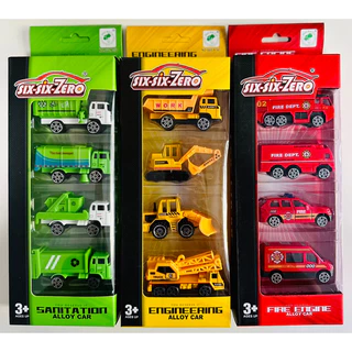 Kit Com 4 Carrinhos de Metal Articulado Coleta Construção e Bombeiros Minuaturas