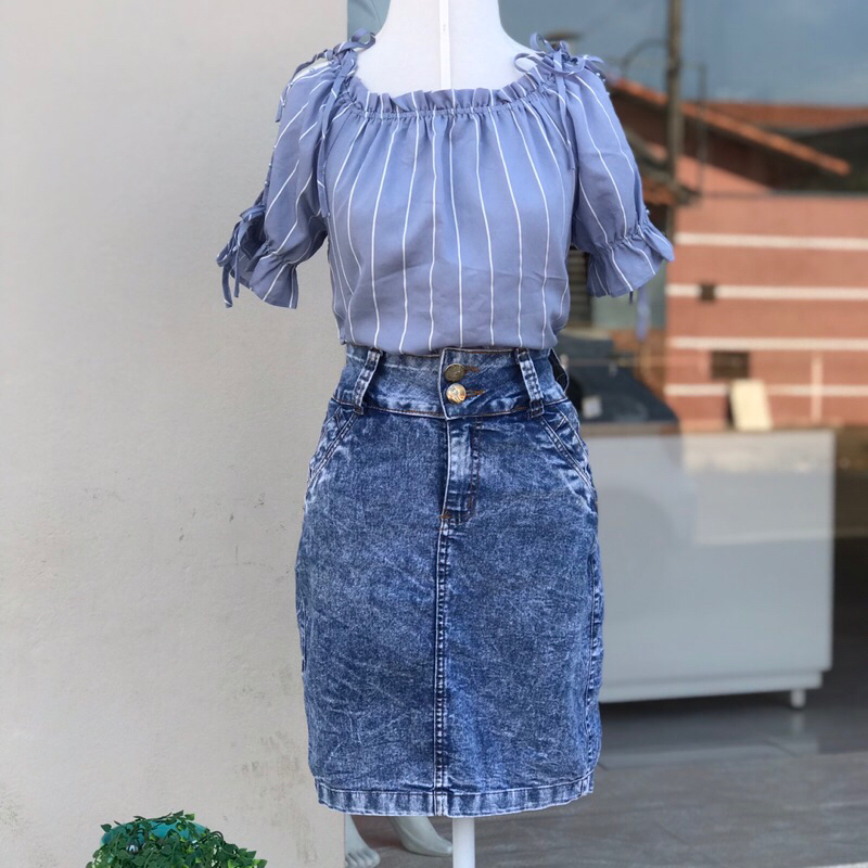 Blusa ciganinha listrada e saia jeans 38 BRECHO