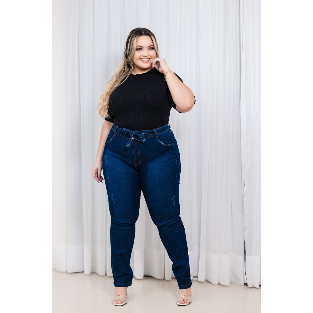 Calça Jeans Plus Size Feminina Com Lycra Cintura Alta