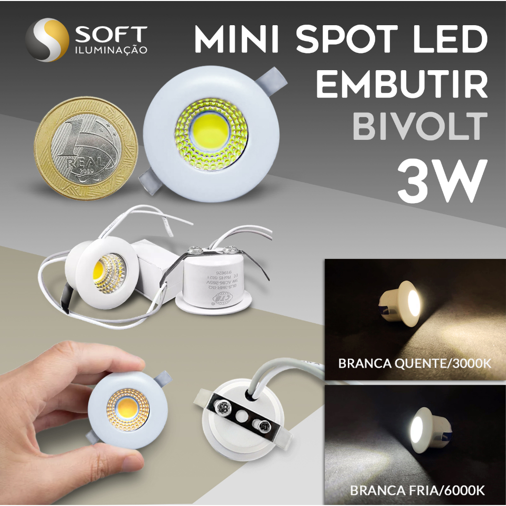 6 Mini Spot LED Embutir Quadrado 1W Bivolt Luz Branca Fria/6000k