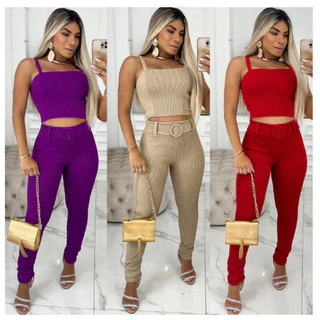Conjunto Top E Calça Feminino 3d Tecido Canelado Com Bojo