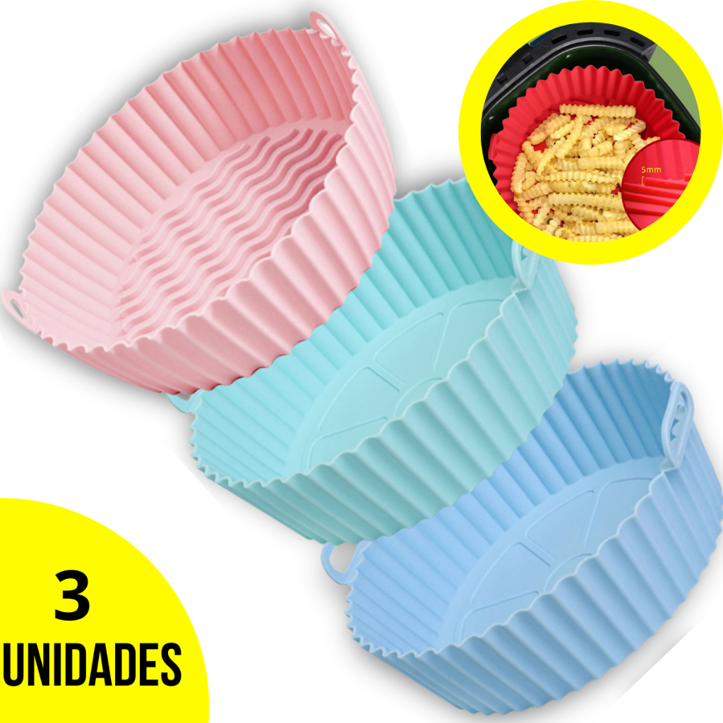 KIT 3 Forma De Silicone Para Air Fryer Forno Microondas Fritadeira Assadeira – Reutilizável Antiaderente Flexível