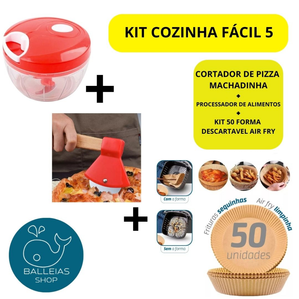 KIT COZINHA PROCESSADOR, CORTADOR DE PIZZA, 50 FORMA DESCARTAVEL AIR