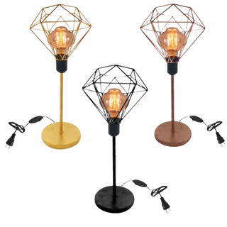 Luminária Mesa Abajur C/ Cúpula Diamante Aramado Bancada P/ Escritório Quarto