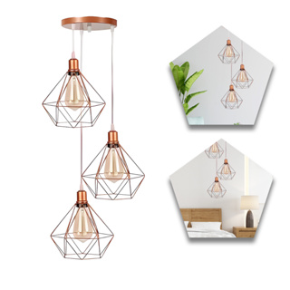 Pendente Luminária Diamante Triplo Rose Gold Cabo Cristal