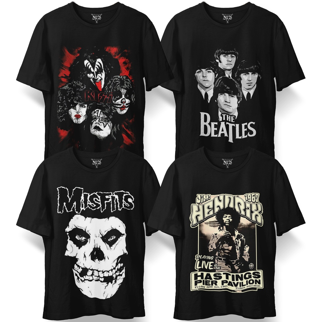 T-shirt Rock In Roll Camisa Banda de Rock Kiss Modelo Gola Redonda Beatles Misfits Jimi Hendrix Algodão Unissex