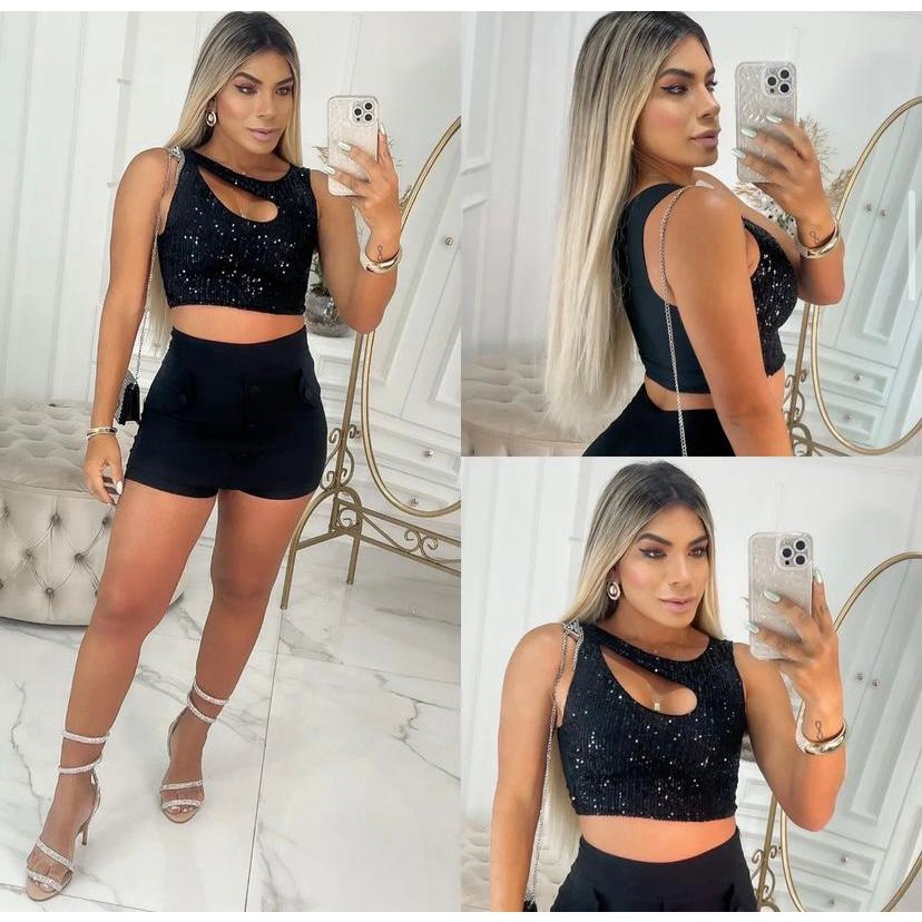 cropped brilho paete lantejoula decote gota com bojo luxo feminino moda ...