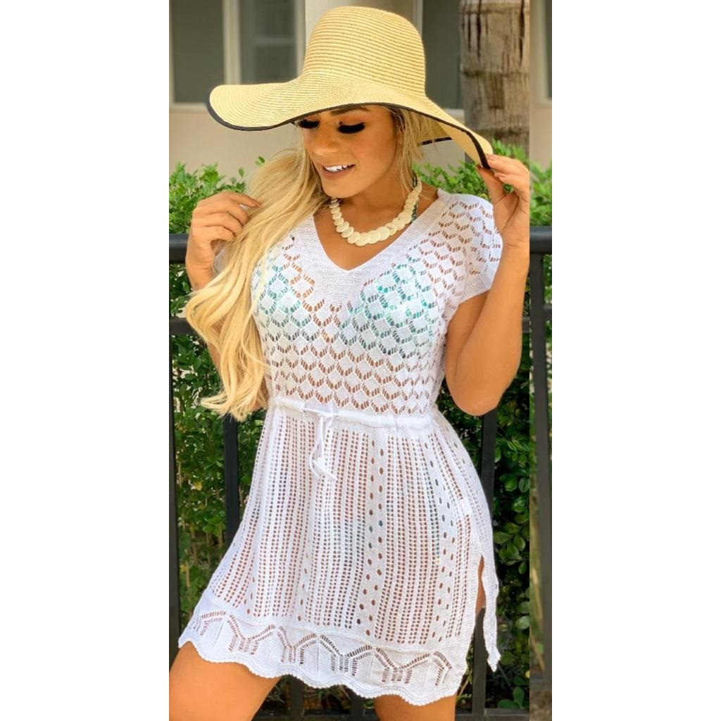 Saída De Praia Vestido Curto De Amarrar Tricô Transparente Envio ...