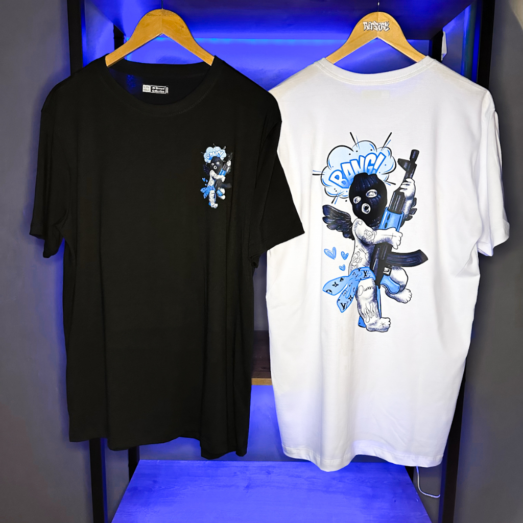 Camisa Streetwear Angel Ak-47 Thug Life Algodão com Elastano Frente e Costas Azul