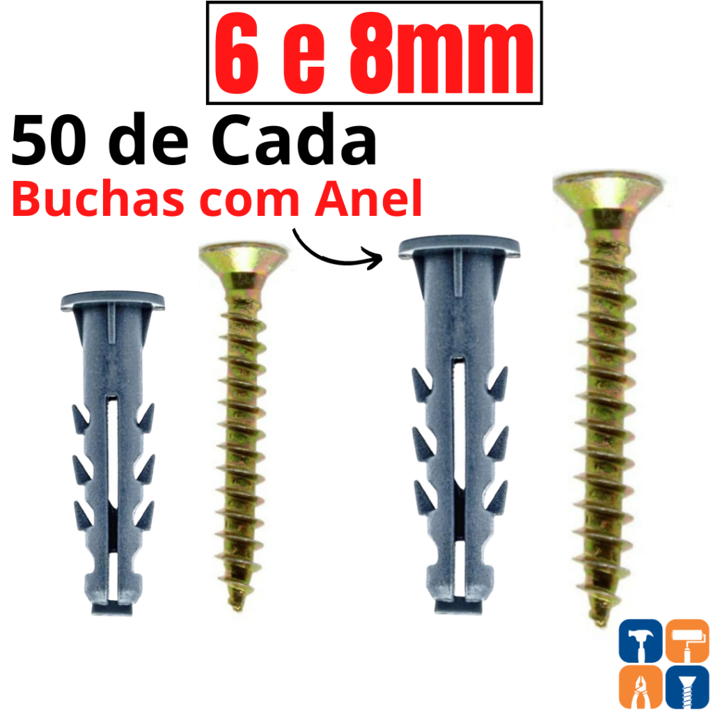 Parafusos com Buchas 6mm 8mm Kit Bucha com Anel e Parafuso Philips 6 e 8 Parafusos com Buchas para Parede Fixa