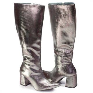 Bota Feminina Cano Longo Fashion Salto Bloco Prata Velho