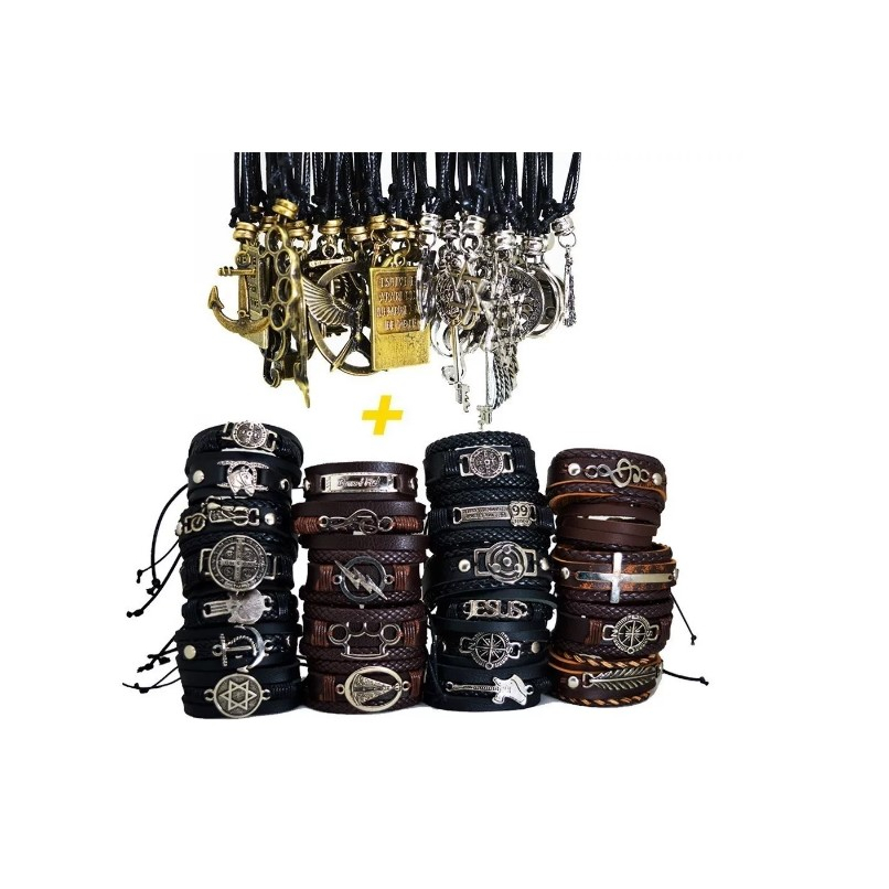 Colar E Pulseira De Couro 30 Peças Atacado