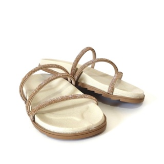 Sandália Papete Feminina Birken Rasteirinha 3 Tiras Brilho Strass Confortável