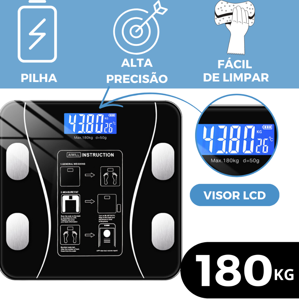 Balança Digital Corporal Bioimpedancia com Aplicativo Bluetooth Super ...